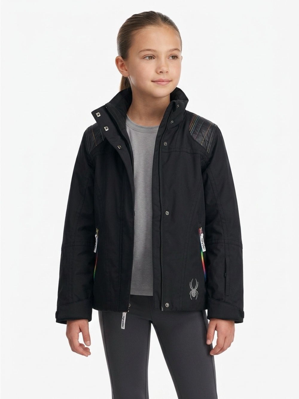 Spyder Girls Ski Jacket Rainbow Zipper Rhinestone Black Size 8